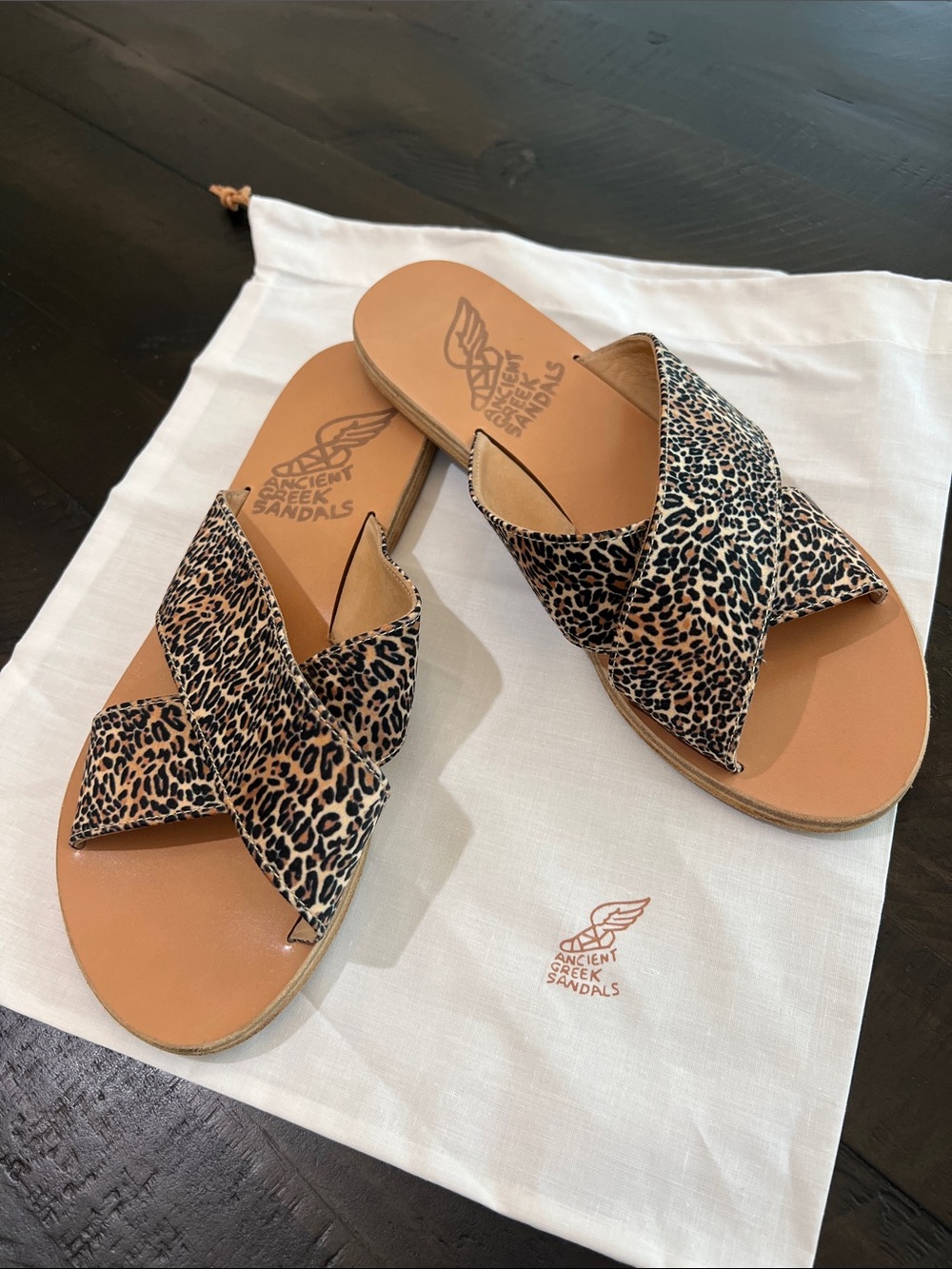 Ancient Greek Sandals Leopard Print Crisscross Slide Sandals - Tan/Black